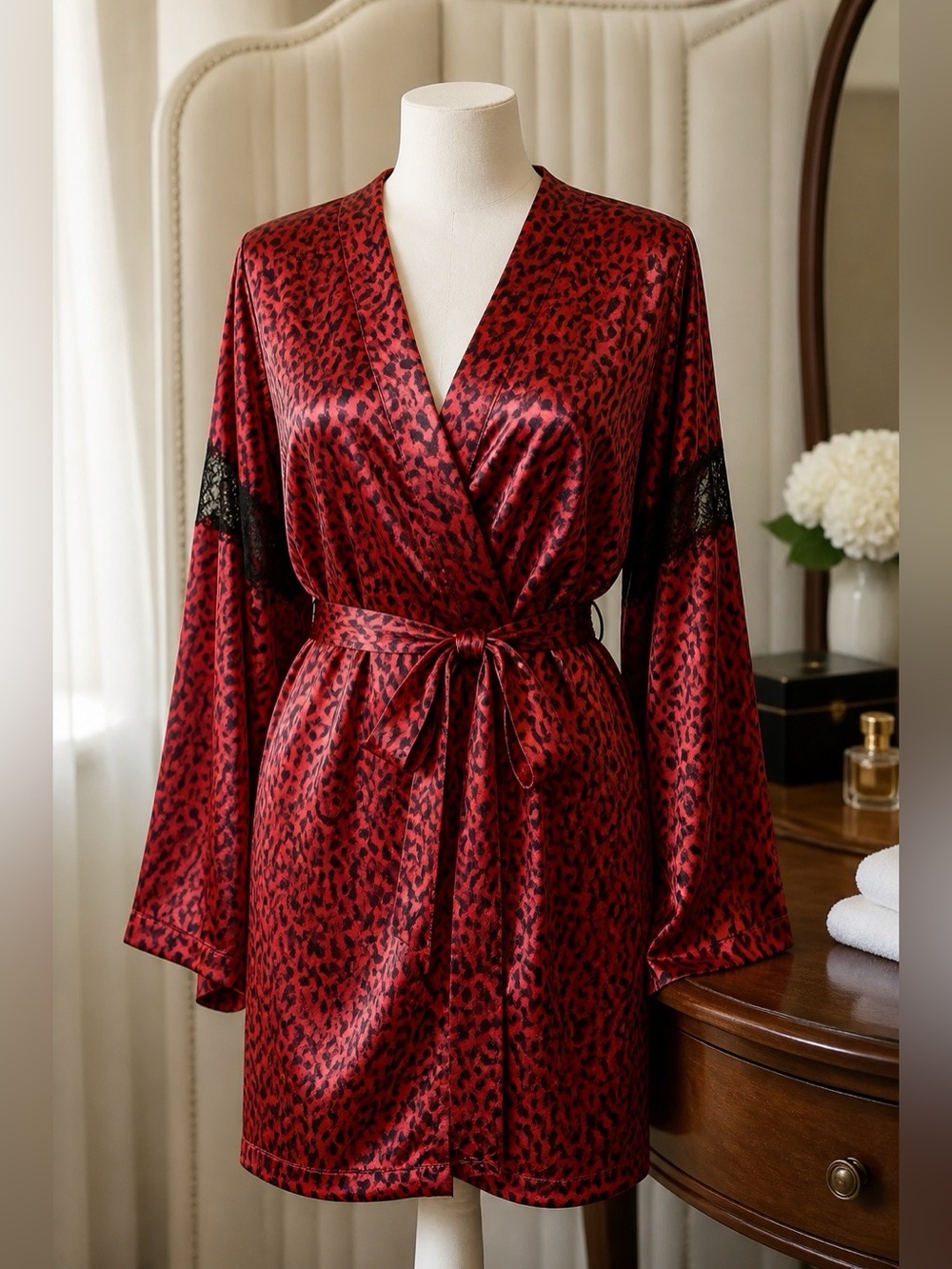 Victoria's Secret Red Animal Print Satin Robe Size M/L